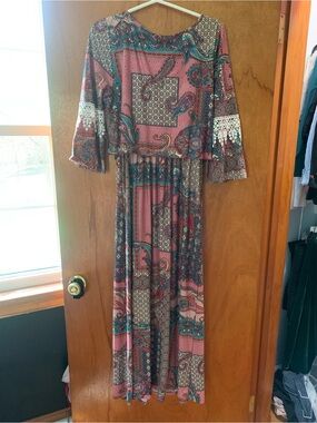 Robert Louis Paisley Patchwork Maxi Dress in Rose and Teal
